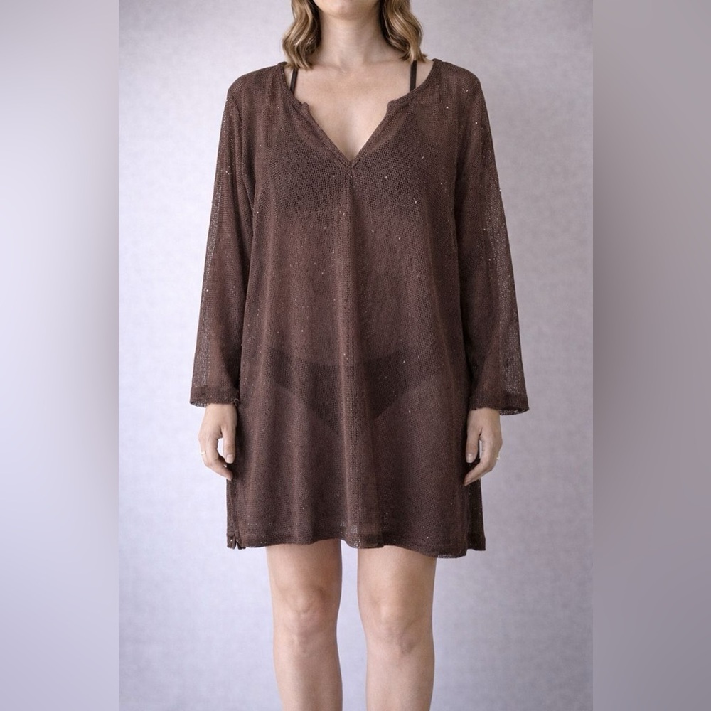 Athletic Works Plus Chocolate Brown Mesh Swimsuit Cover Up OS -resortwear beach